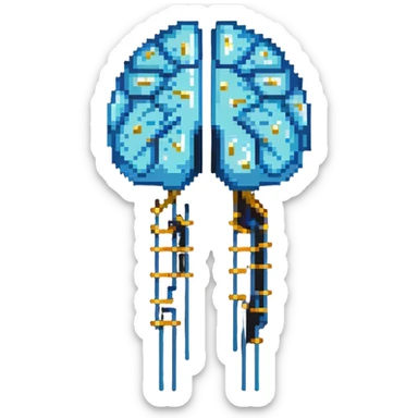 Pixel art of a pearlescent blue capsule floating in front of a brain with golden pixel pulses forming neural connections. A small liver icon nearby, all rotating in a pixelated aura of mental focus sticker