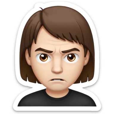A man with brown hair and brown eyes, a little angry but kind at the same time. He has a bob-style hairstyle that covers his ears, has bangs in front of his eyebrows, and white skin. sticker