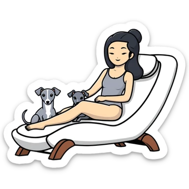 Very thin Chinese woman with long black hair relaxing on a spa lounger with exactly ONE whippet dog. EXTREME IMPORTANCE: the whippet must have a COMPLETELY GREY FACE with ABSOLUTELY NO WHITE MARKINGS anywhere on its face, muzzle, or nose. The entire dog must be ONE SOLID VERY DARK CHARCOAL GREY COLOR from nose to tail with NO WHITE or LIGHT AREAS anywhere - NO white on face, NO white on muzzle, NO white on chest, NO white on paws, NO white on tail - NOTHING BUT A SINGLE SHADE OF VERY DARK GREY throughout the entire animal sticker