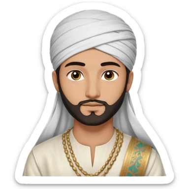 
-Apariencia: Joven de unos 25-30 años, atractivo,.
-Rostro: Ojos oscuros, piel ligeramente morena, rasgos árabes finos.
-Cabello: Negro, algo rizado o suelto, con barba fina.
-cuerpo entero  puede llevar una túnica más oriental, con faja y turbante sencillo sticker