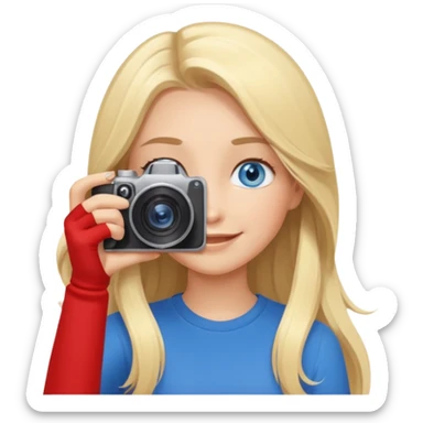  blue eyes blonde girl photographer cartoon taking picture in middle of taking picture camera in front of face long hair smiling funny flash professional, camera in front of face sticker