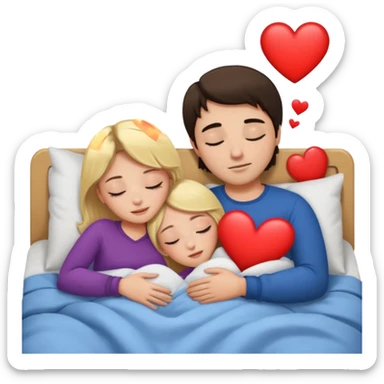 cuddling in bed, asleep. blonde girl. brunette man. eyes closed. heart between them. sticker