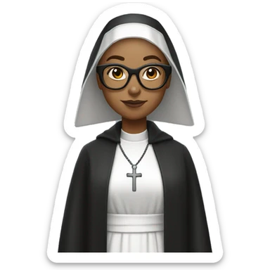 Female nun with medium skin tone and curly hair wearing spike Lee glasses sticker