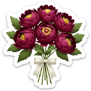 Big bouquet of burgundy peonies with a white satin ribbon sticker