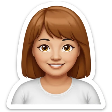 middle aged overweight woman with tan skin, black eyeliner, long brown hair with bangs, brown eyes, smiling, white t-shirt sticker