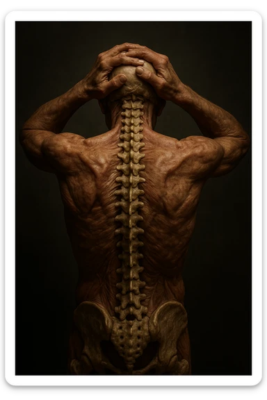 CORPO UMANO ANATOMICO con spina dorsale in evidenza, molto stanca e stressata mentre si tiene le mani sulla testa, IPERREALISTICO 4K sticker