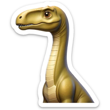 Cinematic Noble Brachiosaurus Portrait Emoji, Poised and majestic, with a towering, elongated neck stretching gracefully from a robust, column-like body, a small, gentle head with curious eyes, and subtle, textured skin in earthy tones, Simplified yet sharply defined features, highly detailed, glowing with a soft, golden radiance, high shine, intelligent and serene, stylized with an air of prehistoric grandeur, focused and calm, soft glowing outline, capturing the essence of a watchful and confident Brachiosaurus that appears ready to gracefully emerge from the screen with effortless power! sticker