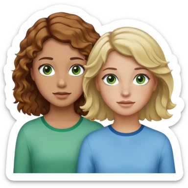 À girl with wavy brown hair, light tan skin and green eyes and freckles next to a girl with short blonde wavy hair, tan skin and light blue eyes sticker