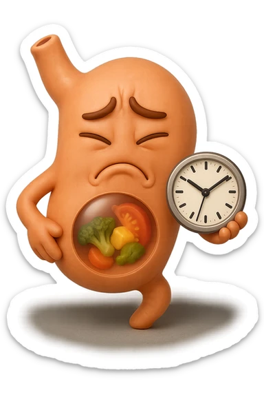 EMOJI STILE IPHONE 3D DI UNo stomaco umano con espressione dolornate, ha del cibo visibile dentro che non sta digerendo. in mano tiene un orologio da muro, iperrealistico 4k sticker