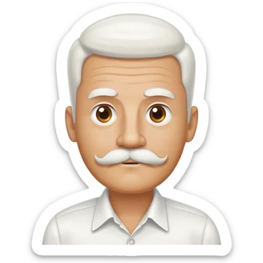 man with oval-shaped flat-top head, bushy white mustache, wearing a white shirt with three white buttons sticker