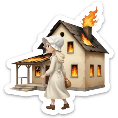 handmaids tale style woman burning house down walking away from house. shes wearing the nun hands maid tale hat cant see her face sticker