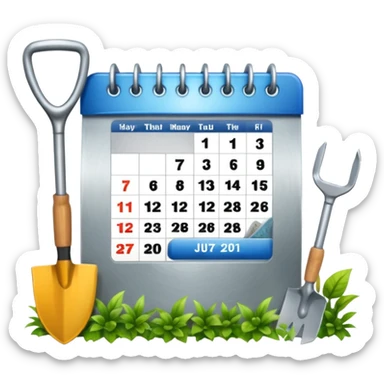 calendar icon with garden tools near. Transparent background sticker