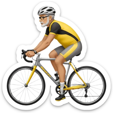 emoji of a 60-year-old man, about 200 lbs, no beard, no eyeglasses, in loose cycling clothes, yellow and black top, straddling a grey road bike, graphic design, adding a background of a road in a neighborhood or highway sticker