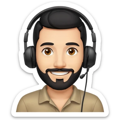 Happy smiling man with black hair, brown eyes, black beard wearing a gaming headset sticker