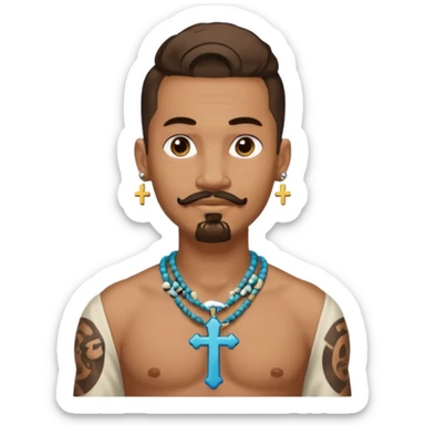 Deci creează mi un emoticon cu un băiat mai creol care are doar o coadă are cercel intr o ureche are tatuaje și barba cioc și mustața și are lanț la gât cu cruce vreau să fie cu totul cu tot cu corp și cercel vreau să aibă doar intr o ureche nu în ambele  sticker