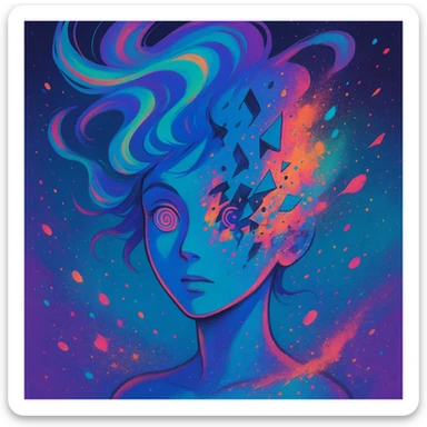 surreal portrait, neon skin, dissolving face with airbrush color explosion, hair as liquid color swirls like aurora, spiral eyes, geometric shapes breaking through face, paint spray effect, acid purple, turquoise, electric pink, smooth blending, dynamic movement sticker