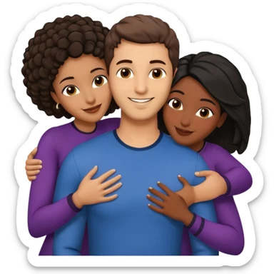  middle Eastern man with short brown hairwith two black african women both are African one is medium tone skin black and one is medium tone black with african hair styles. and they are all smiling and putting their arms around each other and kissing and hugging. sticker