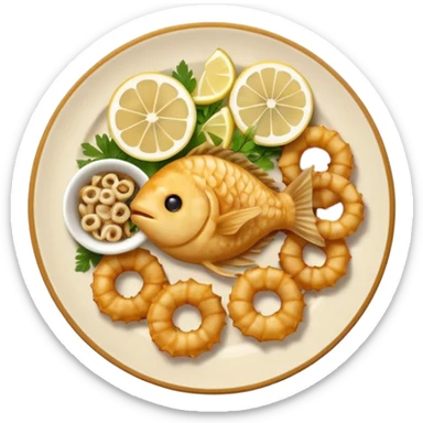 apple style ios emoji of a round ceramic plate with assorted small fried fish pescaito frito anchovies calamari rings tiny whole fish golden crispy with lemon wedges and parsley warm golden brown light yellow white tones soft shading cute minimalistic clean composition sticker