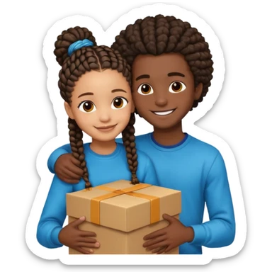 A lightskin with afro boy and dark skin girl with box braids hug sticker