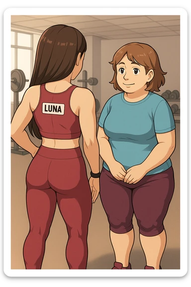 prendi spunto da queste immagini per fare: fai un webtoon/manga a colori con questa personal trainer (falle la scritta "LUNA" SU UNA TARGHETTA APPOSTA SUL TOP SPORTIVO CHE HA), che parla IN PALESTRA con una sua cliente che ha cellulite ed è leggermente in sovrappeso. LA SIGNORA è IN ABITI SPORTIVI E ascolta la trainer con attenzione. LUNA STA DI SPALLE MENTRE PARLA PER MOSTRARLE I MUSCOLI DEI FEMORALI CHE HA (LE STA CONSIGLIANDO DI ALLENARLI). NON FARE I FUMETTI, FAI SOLO LORO COME SE DIALOGASSERO. FAI LE DUE FIGURE A FIGURA INTERA CON IL CORPO INTERAMENTE VISIBILE sticker