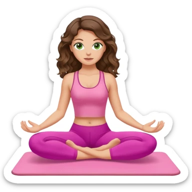 White, green-eyed, brunette cute feminine lady emoji with wavy hair doing pilates wearing pink pilates fit sticker