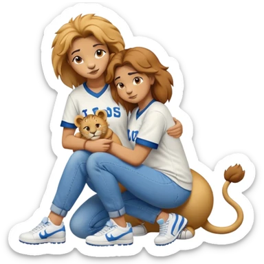 friendly anthropomorphised female lion wearing a baseball shirt, jeans, and trainers, on her hunches, comforting a friend sticker