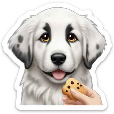 Great pyrenees puppy with black spot on one eye posing on the side looking at a hand with a treat sticker