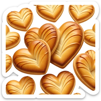 Cinematic crisp palmier, golden-brown heart-shaped pastries, perfectly caramelized layers, delicate and flaky, warm glowing background, inviting and delicious. sticker