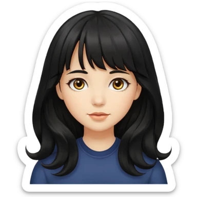 A girl with long, wavy black hair with bangs and medium-sized hazel eyes sticker