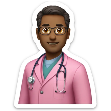 Dark brown hair doctor with eyeglasses with pink coat and pink stethoscope sticker