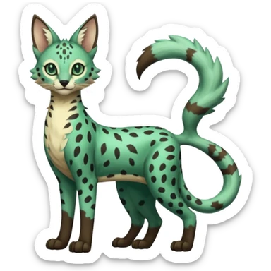 Epic complex detailed dark-emerald-green dark-brown beige pastel realistic aesthetic-scenic-Fakémon-Sprigatito-Floragato-Meowscarada-Trico-Sergal-Serval-Vernid-creature (full body) sticker