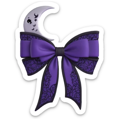 gothic bow, dark violet velvet, black lace overlay, silver crescent moon charm, moody and elegant sticker