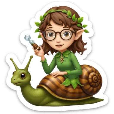 tiny forest elf woman brown wavy hair glasses riding a snail sticker