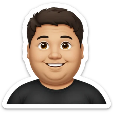 Joven obese, pelo largo, cuerpo grande, latino piel canela, cara redonda-ancha, scruff sin barba completa, cejas gruesas, pelo oscuro ondulado flat largo hasta el cuello. Sonrisa amplia, expresión alegre. Camisa negra. Size large.  sticker
