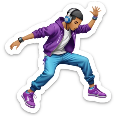 Icon for Street Dance: a dancer in urban streetwear performing a dynamic lower breakdance move, with a spray-painted background, headphones, and a boombox on the asphalt. The icon should capture the energy, style, and creativity of street dance culture. Transparent background. sticker