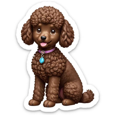 cinematic-[poodle]-realistic-full-body-sitting-emoji,-tail-resting-loosely-beside-its-paws,-head-tilted-dramatically, -curly-[chocolate]-fur,-simplified-yet-realistic-focused-features,-highly-detailed,-glowing-with-an-almost-sarcastic-glow sticker