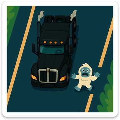 Place the small yeti (abominable snowman) on the highway in front of the modern black Kenworth W680 flat top semi sleeper, top-down animated style, no text. The style should be top-down animated, colorful and playful, with no text. sticker