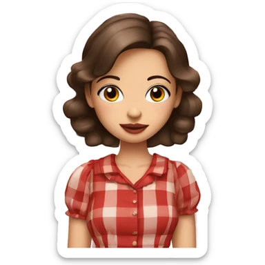 Pretty peach skin brunette woman with rosy cheeks in red plaid babydoll dress sticker