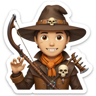 male human monster hunter emoji, wearing brown leather coat and wide hat, holding crossbow, with amulet shaped like skull, Halloween fantasy theme, confident smile, orange scarf, Apple emoji style, clean white background, square image sticker