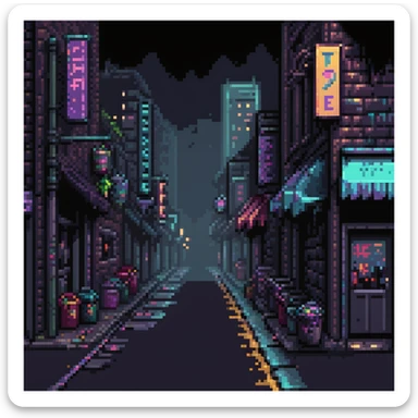 Pixel art background, side view of a dark Gotham-style street at night, moody lighting, flickering neon signs, trash bins, wet pavement, shadows in windows, 2D fighting game stage style, straight camera angle, retro arcade aesthetic
 sticker
