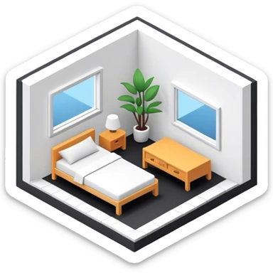 An isometric 3D room with two white walls that meet at the back left and right and a single Window. Black and White Home Office Room sticker