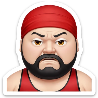 Extreme close-up of face of morbidly obese white skin guy with young face, prominent BLACK DURAG tied clearly on head, black beard but no mustache, clean shaven upper lip, black eyes in a red and black wrestling singlet with angry expression sticker
