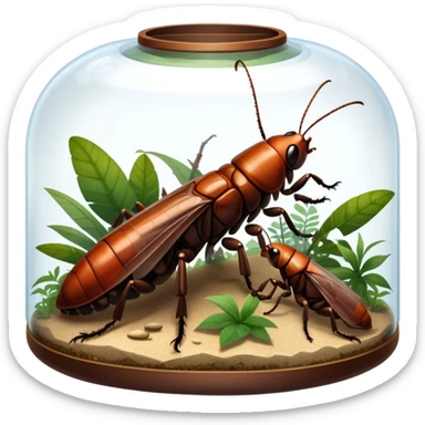 Close-up of giant Madagascar hissing cockroaches, butterflies, and stick insects inside a terrarium, with detailed textures of their bodies, wings, and legs. Soft lighting highlights their features. Transparent background. sticker