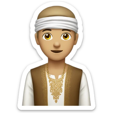 Boy wearing  white dress for male with a little Ornate collar   and wearing Embroidered light brown keffiyeh Blindfolded on his head  sticker