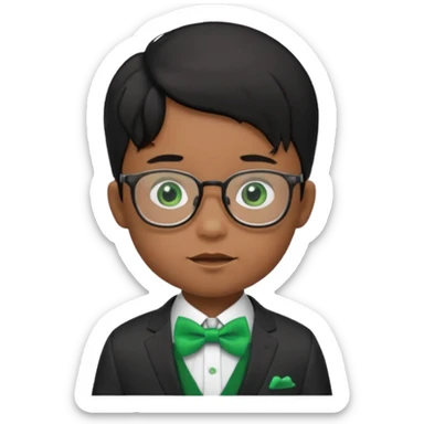 baby boy black hair in suit, with green bow, wearing glasses sticker
