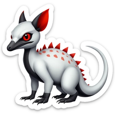 a white exotic edgy vernid-fionbr-Fakémon-creature, with black belly and red eyes, full body sticker