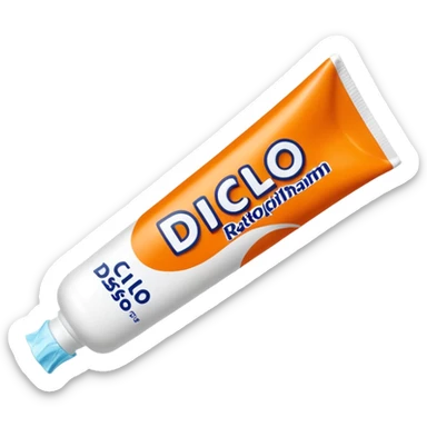 an empty, oversized and totally squeezed out tube of toothpaste labelled "Diclo ratiopharm". It is squeezed out and totally crumpled, flattened. Basic color is orange yellowish. sticker