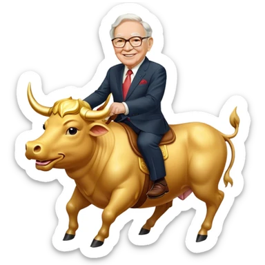 happy Warren Buffet riding golden bull sticker