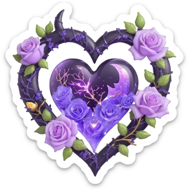 gothic heart made of pale purple glass, silver crescent moon, glowing lavender roses, holographic stardust, neon gold lightning, wet and cracked glass sticker