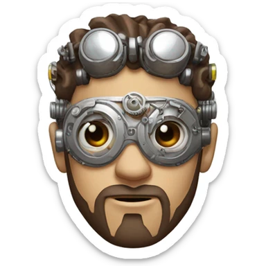 male cyborg head with brown short hair, brown beard, silver steampunk goggles and circuits sticker